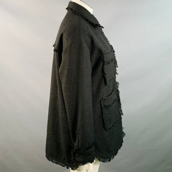 APPARIS Size XL Black Polyester Tweed Patch Pockets Fringed Coat - Picture 3 of 8